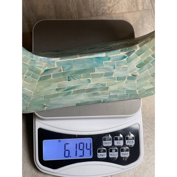 Large Mother of Pearl Shell Mosaic Abstract Vase Teal Aqua 14.5" Coastal Decor - Picture 7 of 8